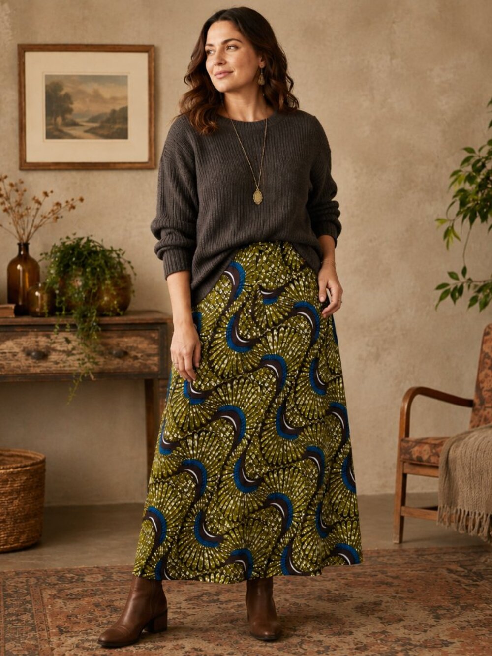 Soft Surroundings Womens Indie Bohemian Maxi Skirt Size L Green Eclectic Artsy